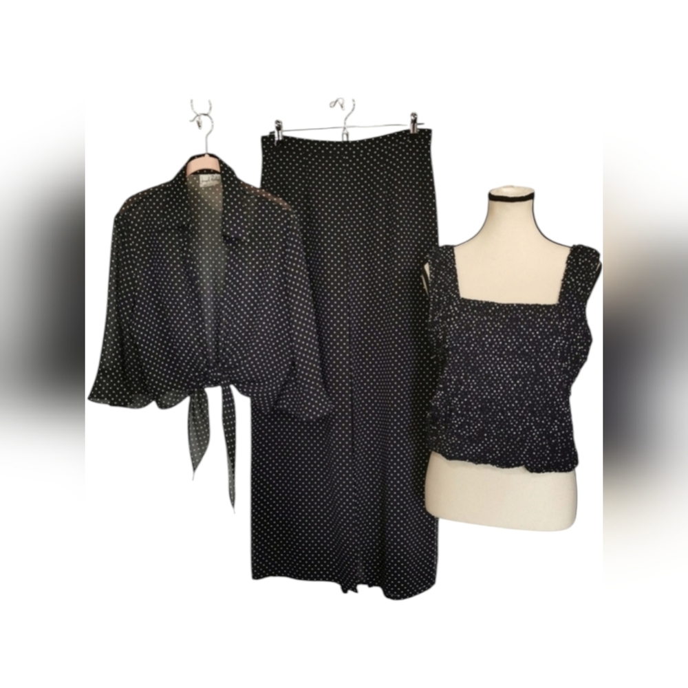 Joseph Ribkoff Vintage 3-Pce Set Wide Leg Pants Tank Blouse Navy Size 12 (8)